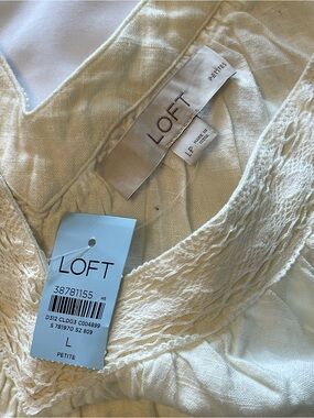 LOFT Ivory Lace-Trim V-Neck Peasant Top Linen Blend Petite Large